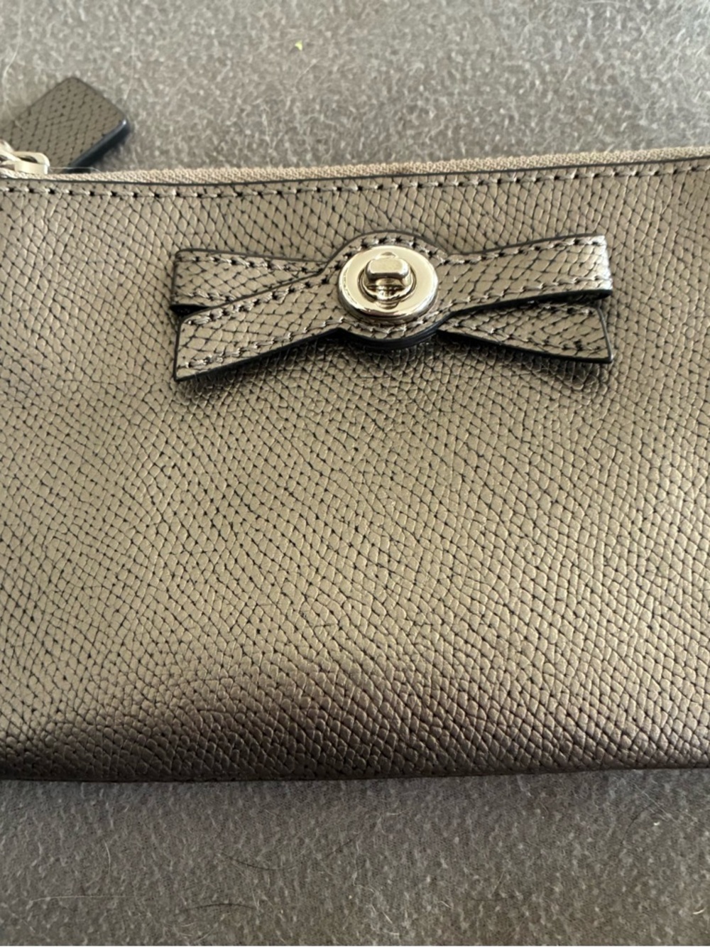 Coach Silver Textured Leather Bow Wristlet with Silver Turnlock Accent